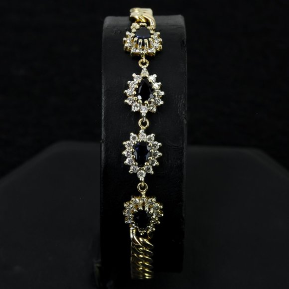 Vintage 10k Gold Pear Sapphire & Diamond Cuban Link Anniversary Bracelet - Picture 2 of 5